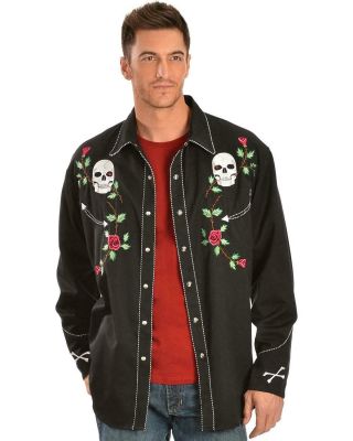 Scully Skull And Roses Embroidered Retro Western Shirt - P - 771 Blk