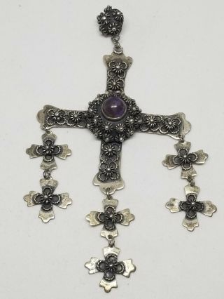 Vintage Amethyst Yalalag Cross Taxco Mexican Sterling Silver Signed Fer