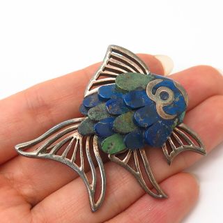 925 Sterling Vintage Mexico Blue & Green Chrysocolla Gem Tropical Fish Brooch