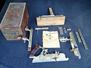 Antique Stanley Plow & Beading 45 Combination Plane W/18 Cutters & Orig Box Vgc