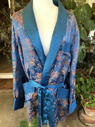 Killer Vtg Silk Brocade Turquoise Chinese Smoking Jacket Robe Size 44