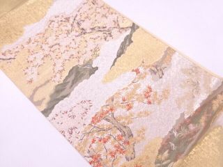 4160819: Japanese Kimono / Vintage Fukuro Obi / Woven Maple Leaves & Sakura