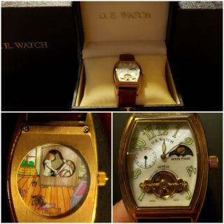 Vintage O.  E.  Mens Watch Erotic Moving Scene On Back Rare Moon Phase Geneve Autom