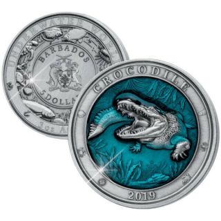 Crocodile Underwater World 3 Oz Antique Finish Silver Coin 5$ Barbados 2019