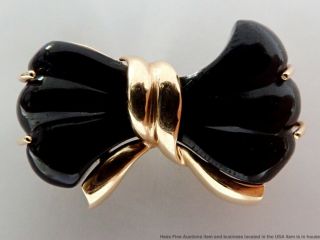 Vintage 14k Yellow Gold Carved Natural Onyx Nabco Signed Bowtie Brooch Pin