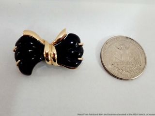 Vintage 14k Yellow Gold Carved Natural Onyx NABCO Signed Bowtie Brooch Pin 3