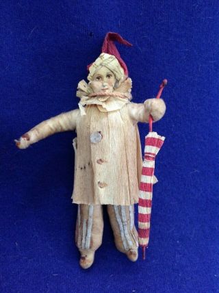 Antique German Spun Cotton Christmas Ornament Dressed Clown Boy Dresden Umbrella