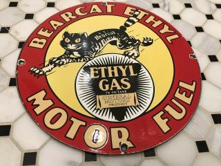 Vintage Bearcat Ethyl Gasoline Porcelain Sign Gas Station Pump Plate Motr Fuel