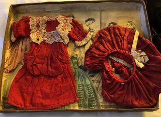 Wonderful Antique German Cotton Factory Doll Dress & Hat