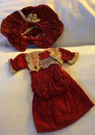 Wonderful Antique German Cotton Factory Doll Dress & Hat 2