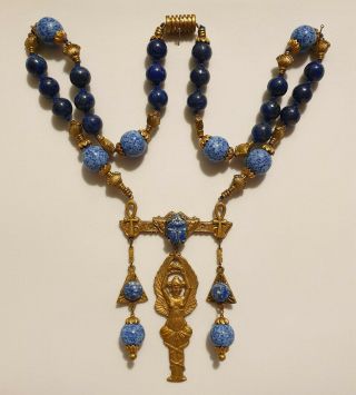 Vintage Art Deco Style Lapis & Agate Bead Egyptian Revival Scarab Drop Necklace