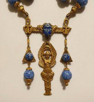 Vintage Art Deco Style Lapis & Agate Bead Egyptian Revival Scarab Drop Necklace 2