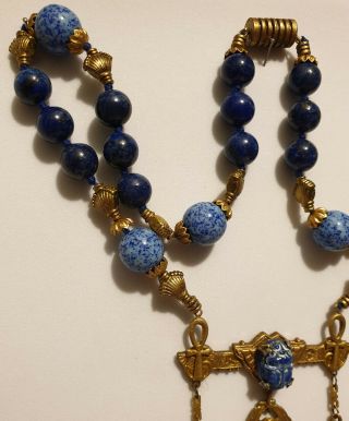 Vintage Art Deco Style Lapis & Agate Bead Egyptian Revival Scarab Drop Necklace 4