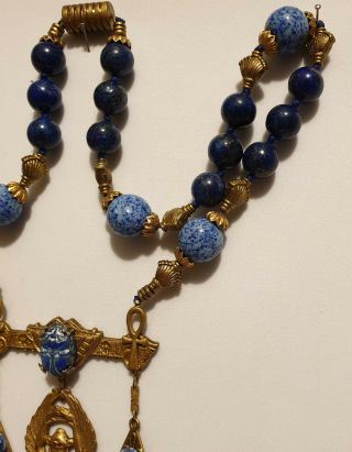 Vintage Art Deco Style Lapis & Agate Bead Egyptian Revival Scarab Drop Necklace 5