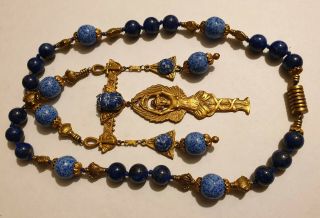 Vintage Art Deco Style Lapis & Agate Bead Egyptian Revival Scarab Drop Necklace 7