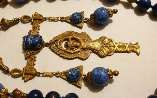 Vintage Art Deco Style Lapis & Agate Bead Egyptian Revival Scarab Drop Necklace 8