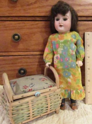 Antique German 8 " Bisque Doll W/ Orig Jointed Compo Body W/toy Hamper Accessory