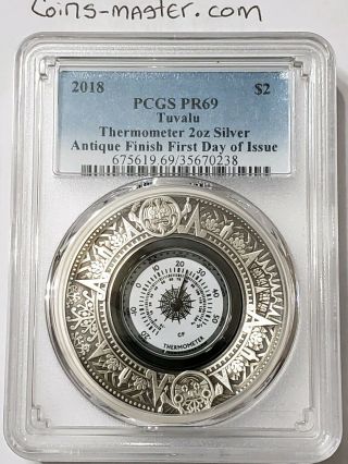2018 2 Oz Silver Tuvalu $2 Thermometer Antique Finish Pcgs Ms69 Fdoi Coin.