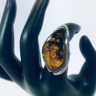 Vintage Amber & Sterling Silver Ring Size 7 Large Amber Piece