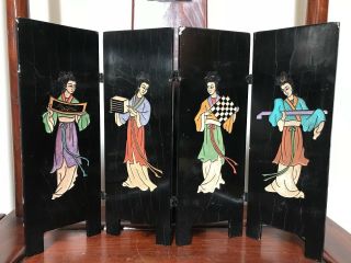 Rare Vintg.  /antique Chinese Table Screen - Hand Paint/carved On Black Lacquer - 琴棋书画