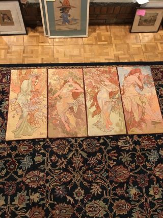 Vintage Alphonse Mucha Four Seasons Belgian Tapestry Set 13”x 26” Art Nouveau