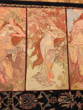 Vintage Alphonse Mucha Four Seasons Belgian Tapestry Set 13”x 26” ART NOUVEAU 4