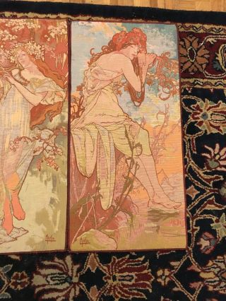 Vintage Alphonse Mucha Four Seasons Belgian Tapestry Set 13”x 26” ART NOUVEAU 5