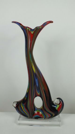 Murano Designer Hand Blown Glass Sculpture Large Vase Art Multi Color Italy Rare 11