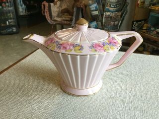 Vintage Pink Sadler Teapot Pink Cabbage Rose Art Deco Look Gold Trim