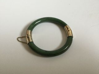 Vtg Chinese Nephrite Jade Bangle Goldlink Bracelet,  Hinge Darker Green