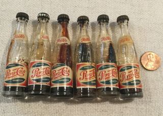 6 Antique Vintage Pepsi Cola Miniature Soda Bottles Single Dot - Dash 1940’s