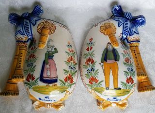 Antique Henriot Quimper Large Wall Pockets/vases Bagpipe French Faience Breton