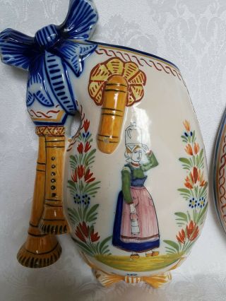 Antique Henriot QUIMPER Large Wall Pockets/Vases Bagpipe French Faience Breton 8