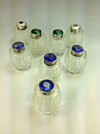 8 Vtng Meka Denmark Sterling Silver Enamel Guilloche Glass Salt Pepper Shakers