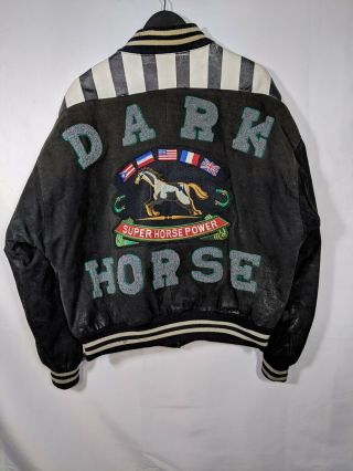 Vtg Varsity Letterman Jacket Sz L 80s Dark Horse Hanski Rare Leather Patches