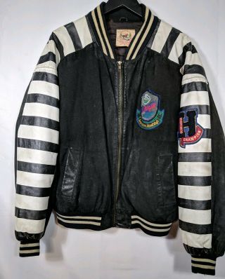 Vtg Varsity Letterman Jacket sz L 80s Dark Horse Hanski Rare Leather Patches 2