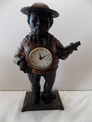 Vintage Black Americana Cast Iron Bank Figure Clock Banjo Player