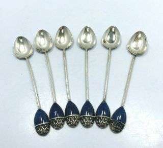 Vintage Sterling Silver And Lapis Set Of 6 Demitasse Spoons