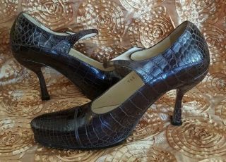 Vintage Prada Brown Crocodile Leather Womens Shoes Mary Janes Pin Heels 37/6.  5us