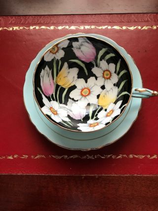 Vintage Paragon Footed Tea Cup & Saucer Green Black Floral Design