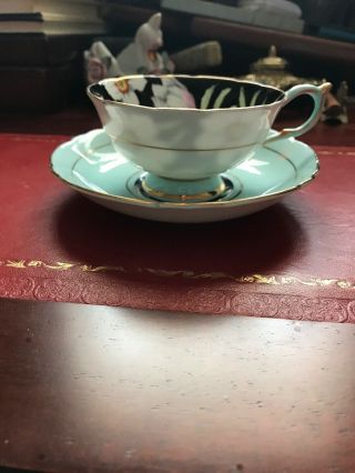 Vintage Paragon Footed Tea cup & Saucer Green Black Floral design 6