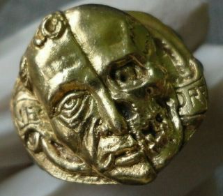 Antique Georgian Victorian Memento Mori Skull Silver Ring Inlaid 24k Gold Plate