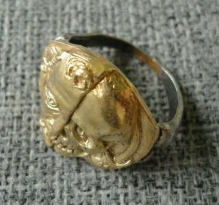 Antique Georgian Victorian Memento Mori Skull Silver Ring Inlaid 24K GOLD Plate 5