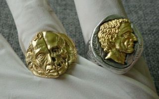 Antique Georgian Victorian Memento Mori Skull Silver Ring Inlaid 24K GOLD Plate 6