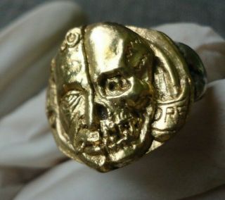 Antique Georgian Victorian Memento Mori Skull Silver Ring Inlaid 24K GOLD Plate 8