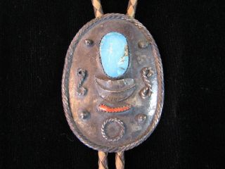 Vintage Old Pawn Native American Navajo Sterling Turquoise Coral Bolo Tie Je7