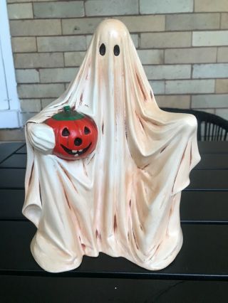 Vintage 1970s Ceramic Arts Spooky Ghost Holding Pumpkin Halloween Decor