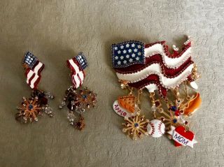 Lunch At The Ritz American Flag Pin/brooch Pendant W/ Charms & Flag Earrings