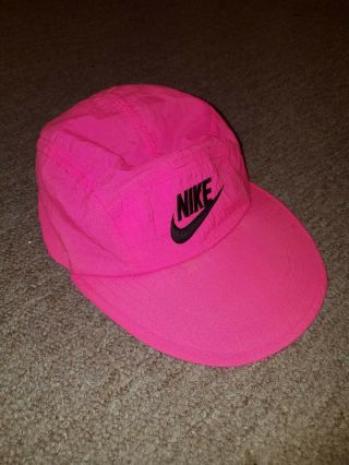 Vtg 80s Nike Neon Pink 5 Panel Long Bill Hat Spell Out Logo Cap Nylon Rare.