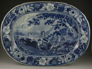 Antique Pottery Pearlware Blue Transfer Phillips Pastoral 17 " Platter 1825
